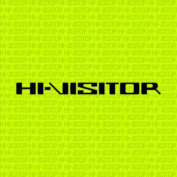 HI-VISITOR logo text in black against neon yellow background with repeating pattern